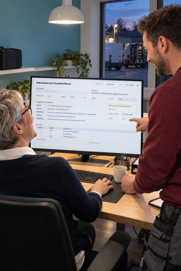 Büroleiterin mit silbergrauem Kurzhaarschnitt und dunkelroter Brille blickt am Schreibtisch lächelnd zu einem Elektroniker im bordeauxroten Sweatshirt auf, der lachend neben einer Kaffeetasse auf den Monitor zeigt, dort der Arbeitsbericht Kundendienst mit Befund, Ursache, Maßnahme, Prüfung und Empfehlung, Kasten Prüfung nach Instandsetzung und Material, vor einer türkisfarbenen Wand, draußen im Hof zwei weiße Kastenwagen in der Dämmerung