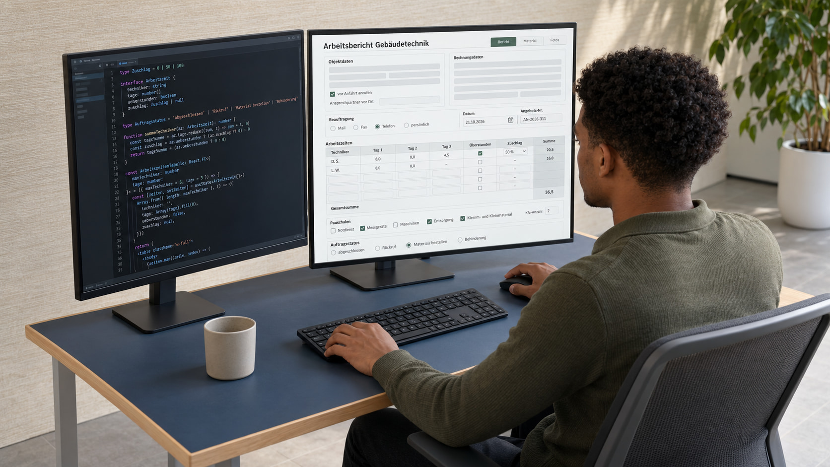 Softwareentwickler mit schwarzen Locken und olivgrünem Strickpullover programmiert den Muster-Arbeitsbericht, links der TypeScript-Code, rechts der Arbeitsbericht Gebäudetechnik mit Objekt- und Rechnungsdaten, Beauftragung per Telefon, Arbeitszeiten zweier Techniker über drei Tage mit Überstunden, Zuschlag-Auswahl und Summen, Pauschalen und Auftragsstatus Material bestellen
