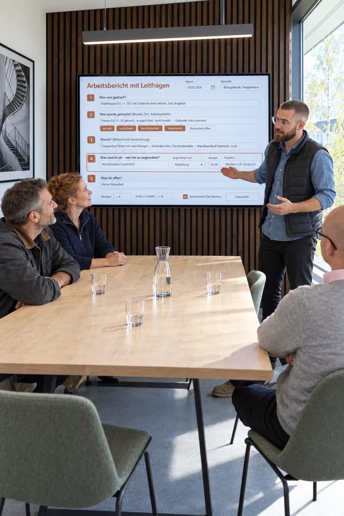 Beratung im Besprechungsraum eines Metallbaubetriebs: Ein Berater mit Bart, Brille und Steppweste zeigt drei Zuhörern am Wandbildschirm den Arbeitsbericht mit Leitfragen zur Stahltreppe – was geplant war, was gemacht wurde, womit, was abweicht und wer es angeordnet hat, was offen ist –, an der Wand dunkle Holzlamellen und ein Schwarzweißfoto einer Wendeltreppe