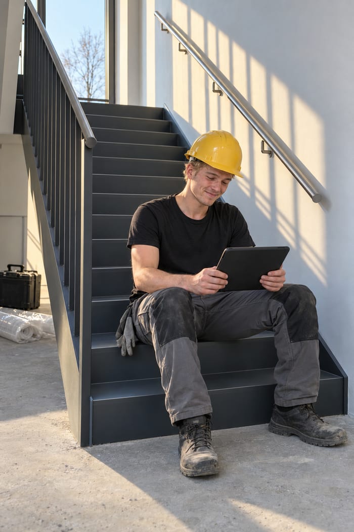 Junger Metallbau-Monteur mit gelbem Schutzhelm, schwarzem T-Shirt und grauer Arbeitshose sitzt auf der untersten Stufe der frisch montierten anthrazitfarbenen Stahltreppe im Treppenhaus und schaut lächelnd auf das Tablet in seinen Händen, daneben seine Arbeitshandschuhe, an der sonnigen Wand der Edelstahl-Handlauf
