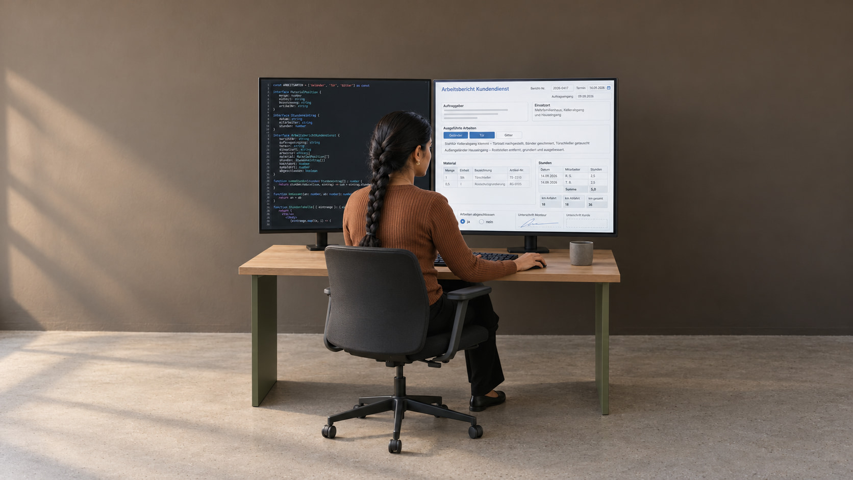 Softwareentwicklerin mit langem schwarzem Zopf im zimtbraunen Rippstrickpullover programmiert an zwei Monitoren den Arbeitsbericht, den Monteure im Kundendienst schreiben: links der TypeScript- und React-Code, rechts der Arbeitsbericht Kundendienst mit Arbeiten an Geländer und Tür, Material mit Artikel-Nr., Stunden und Kilometern, an einem Holztisch mit olivgrünen Stahlbeinen vor mokkabrauner Wand