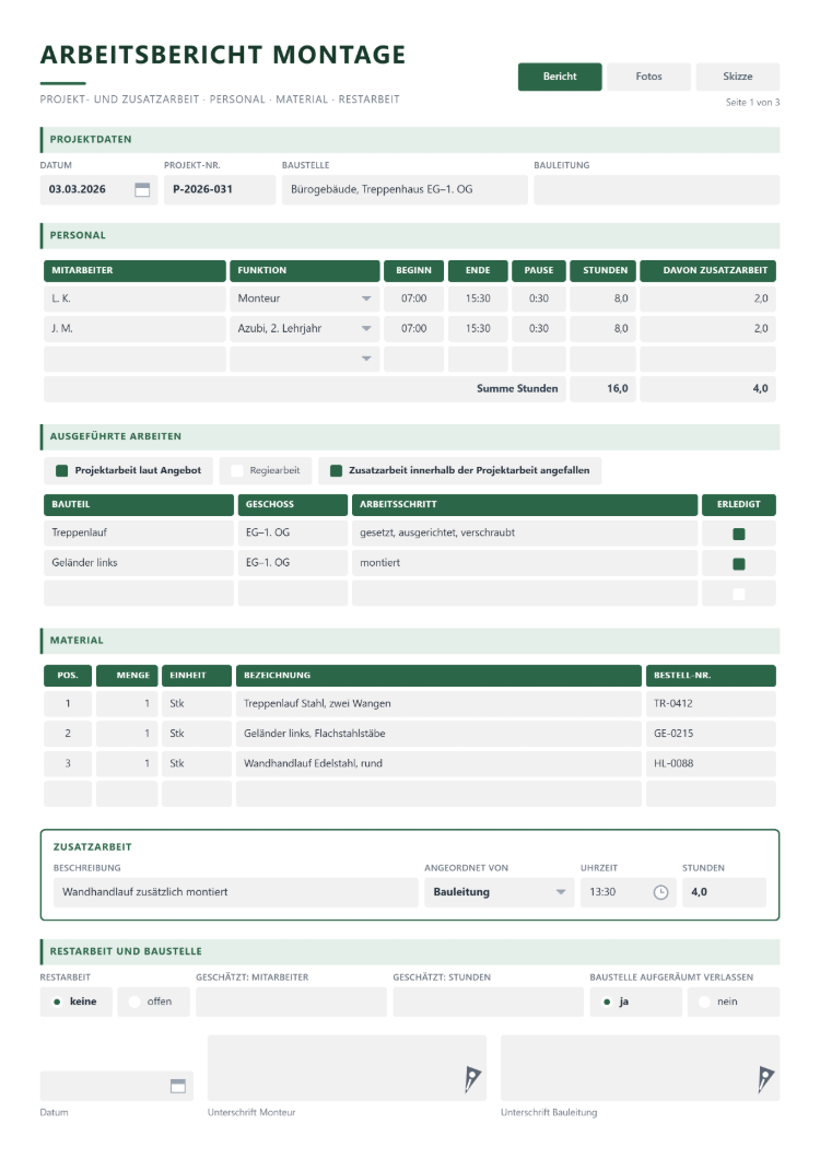 Arbeitsbericht Montage, ausgefüllt für die Stahltreppe EG–1. OG im Bürogebäude, mit Reitern Bericht, Fotos und Skizze, Projektdaten, Personal mit Funktion Monteur und Azubi im 2. Lehrjahr, Beginn, Ende, Pause, Stunden und davon Zusatzarbeit, ausgeführten Arbeiten je Bauteil und Geschoss als Projektarbeit laut Angebot, Material mit Bestell-Nr., Block Zusatzarbeit für den Wandhandlauf, angeordnet von der Bauleitung um 13:30, Restarbeit und Baustelle sowie Unterschrift von Monteur und Bauleitung