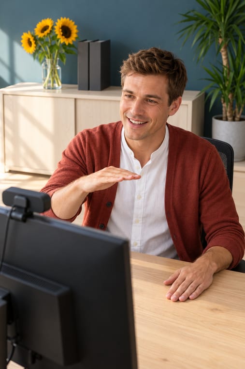 Formilo-Berater mit kurzem braunem Haar, weißem Bandkragenhemd und ziegelrotem Cardigan erklärt im Online-Meeting vor seinem Monitor mit Webcam mit flach gehaltener Hand, wie der individuelle Arbeitsbericht-Vordruck entsteht, hinter ihm Sonnenblumen auf dem hellen Sideboard vor petrolblauer Wand