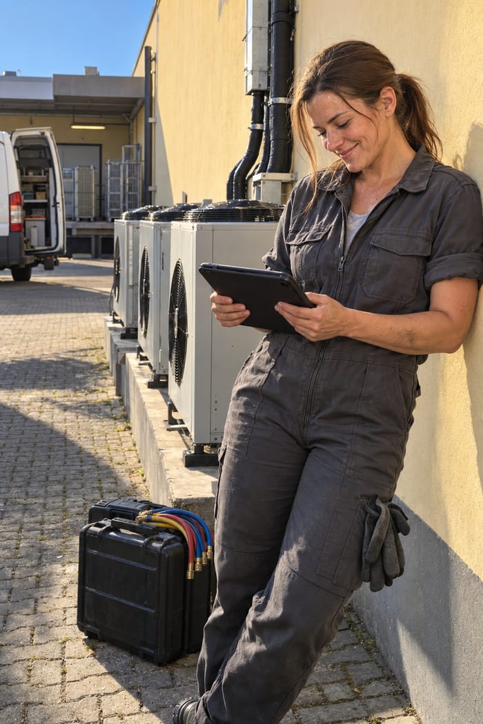 Kälteanlagenbauerin mit Pferdeschwanz im dunkelgrauen Overall lehnt im sonnigen Hinterhof eines Supermarkts an der gelben Hauswand neben drei Verflüssiger-Außeneinheiten und blickt lächelnd auf ihr Tablet, davor Gerätekoffer mit roten, blauen und gelben Füllschläuchen, hinten ein Servicewagen mit offenen Hecktüren an der Laderampe