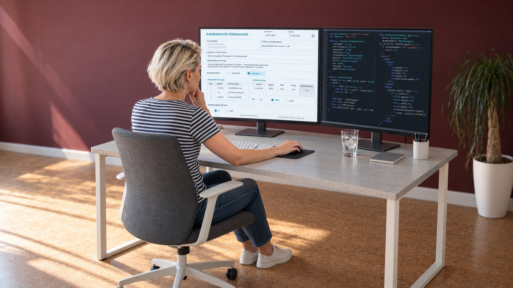 Softwareentwicklerin mit kurzem platinblondem Haar im blau-weiß gestreiften T-Shirt programmiert den Arbeitsbericht-Vordruck, links der Arbeitsbericht Kältetechnik für ein Split-Klimagerät im Serverraum mit Abrechnungsart Aufwand, Material- und Zeitabrechnung, Kilometern und PKW, rechts der TypeScript- und React-Code, an der weinroten Wand eine Zimmerpalme
