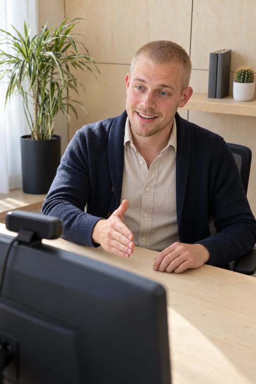 Formilo-Berater mit kurzem blondem Haar und dunkelblauer Strickjacke erklärt im Online-Meeting vor seinem Monitor mit Webcam, wie die individuelle Arbeitsbericht-Vorlage entsteht