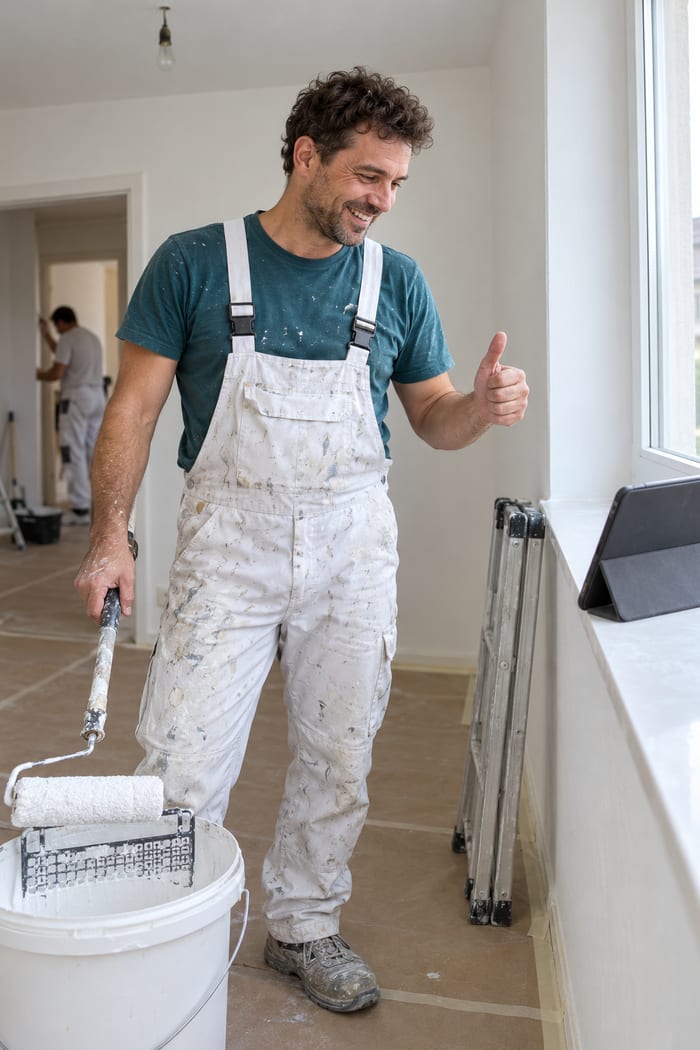 Maler-Vorarbeiter mit dunklen Locken und weißer Latzhose voller Farbspritzer steht in einer frisch weiß gestrichenen Leerwohnung, hält die Farbrolle auf dem Abstreifgitter im Eimer und hebt lächelnd den Daumen zum Tablet auf der Fensterbank, im Flur arbeitet ein Kollege