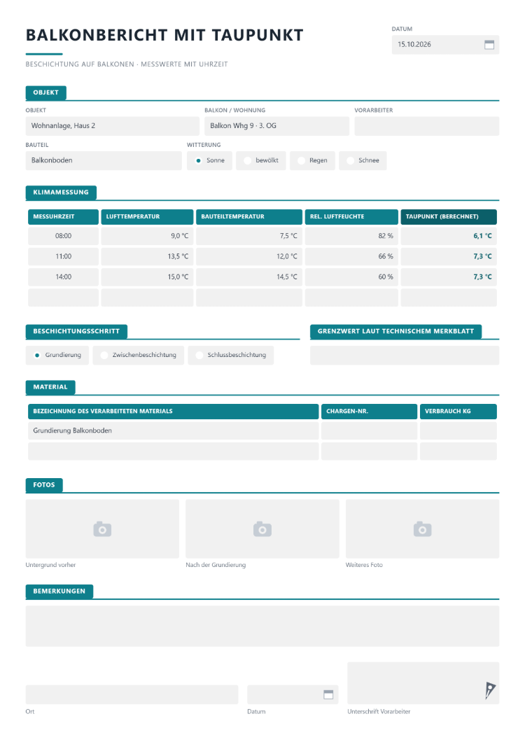 Balkonbericht mit Taupunkt für die Beschichtung von Balkonen mit Objekt, Balkon und Wohnung, Bauteil und Witterung, Klimamessung mit Messuhrzeit, Luft- und Bauteiltemperatur, relativer Luftfeuchte und berechnetem Taupunkt, Beschichtungsschritt, Feld für den Grenzwert laut technischem Merkblatt, Material mit Chargen-Nr. und Verbrauch, drei Fotofeldern, Bemerkungen und Unterschrift des Vorarbeiters