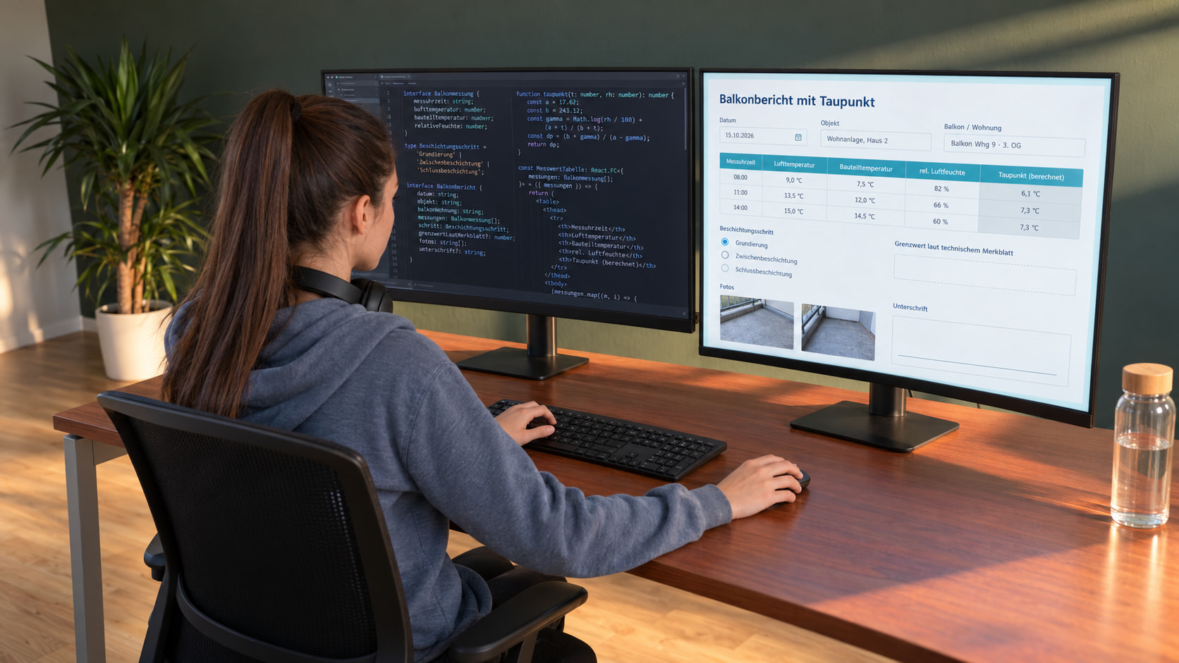 Softwareentwicklerin mit Pferdeschwanz und Kopfhörern um den Hals programmiert die Arbeitsbericht-Vorlage, links der TypeScript-Code mit der Taupunkt-Berechnung, rechts der Balkonbericht mit Taupunkt mit Messuhrzeit, Luft- und Bauteiltemperatur, Luftfeuchte und Beschichtungsschritt