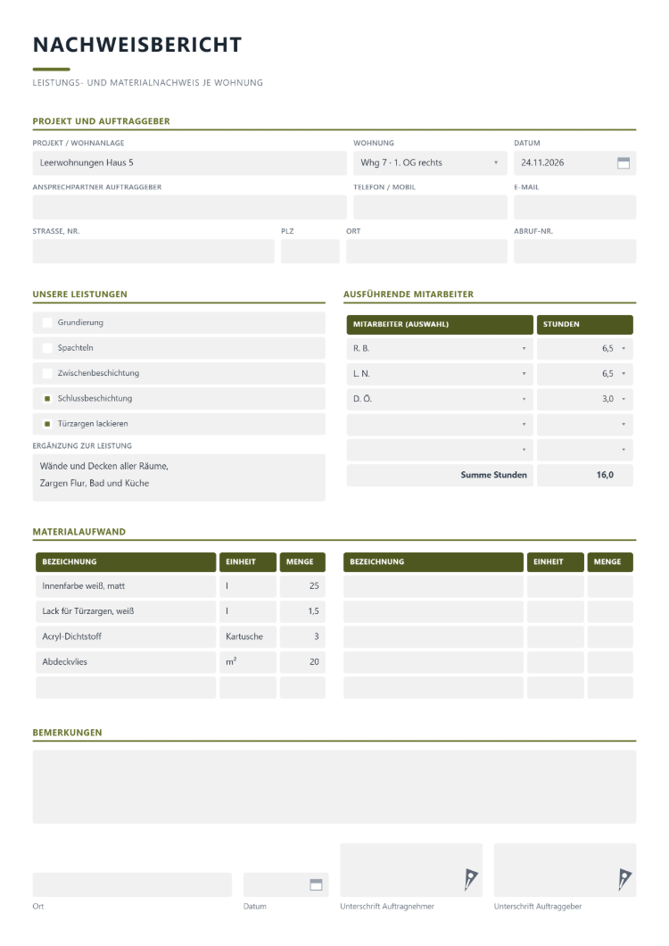 Nachweisbericht eines Malerbetriebs als Leistungs- und Materialnachweis je Wohnung mit Projekt oder Wohnanlage, Wohnung, Datum und Ansprechpartner des Auftraggebers, Leistungen zum Ankreuzen von Grundierung bis Türzargen lackieren, ausführenden Mitarbeitern per Auswahl mit Stunden und Summe, Materialaufwand mit Einheit und Menge, Bemerkungen sowie Unterschrift von Auftragnehmer und Auftraggeber