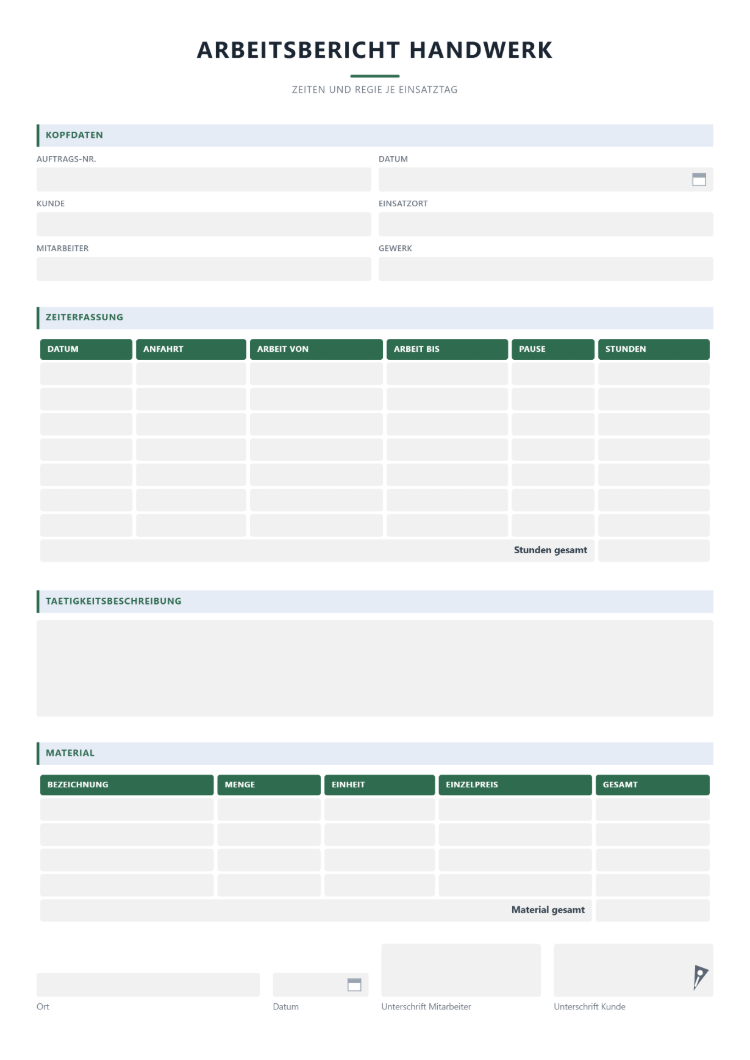 Arbeitsbericht fürs Handwerk