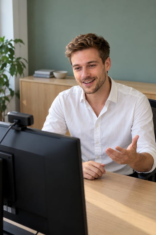 Formilo-Berater im weißen Hemd erklärt im Online-Meeting, wie das individuelle Arbeitsjournal entsteht