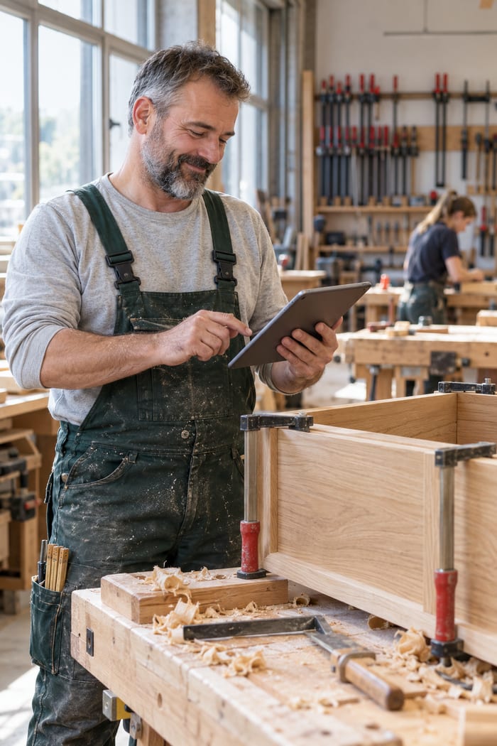 Berufsbildner einer Schreinerei in dunkelgrüner Latzhose tippt in der Lehrwerkstatt lächelnd auf sein Tablet, vor ihm ein eingespannter Möbelkorpus aus hellem Holz, im Hintergrund eine junge Kollegin an der Werkbank