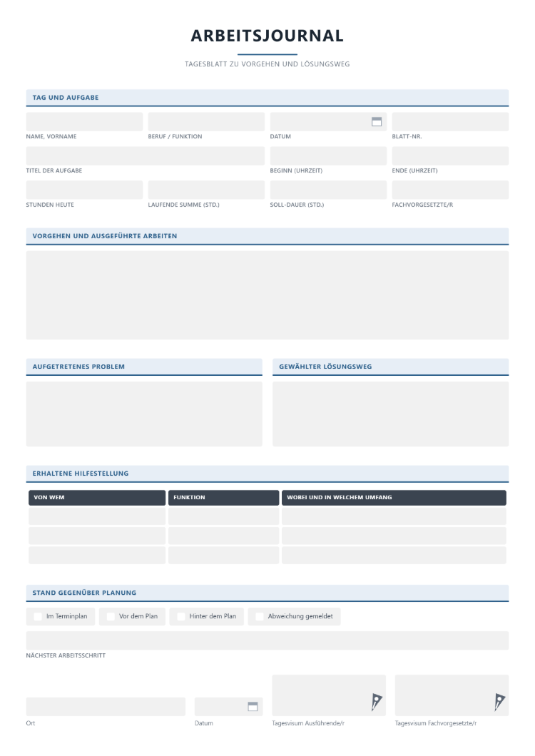 Arbeitsjournal als Tagesblatt mit Feldern für Vorgehen und ausgeführte Arbeiten, aufgetretenes Problem und gewählten Lösungsweg, erhaltene Hilfestellung, Stand gegenüber Planung und Tagesvisum beider Seiten