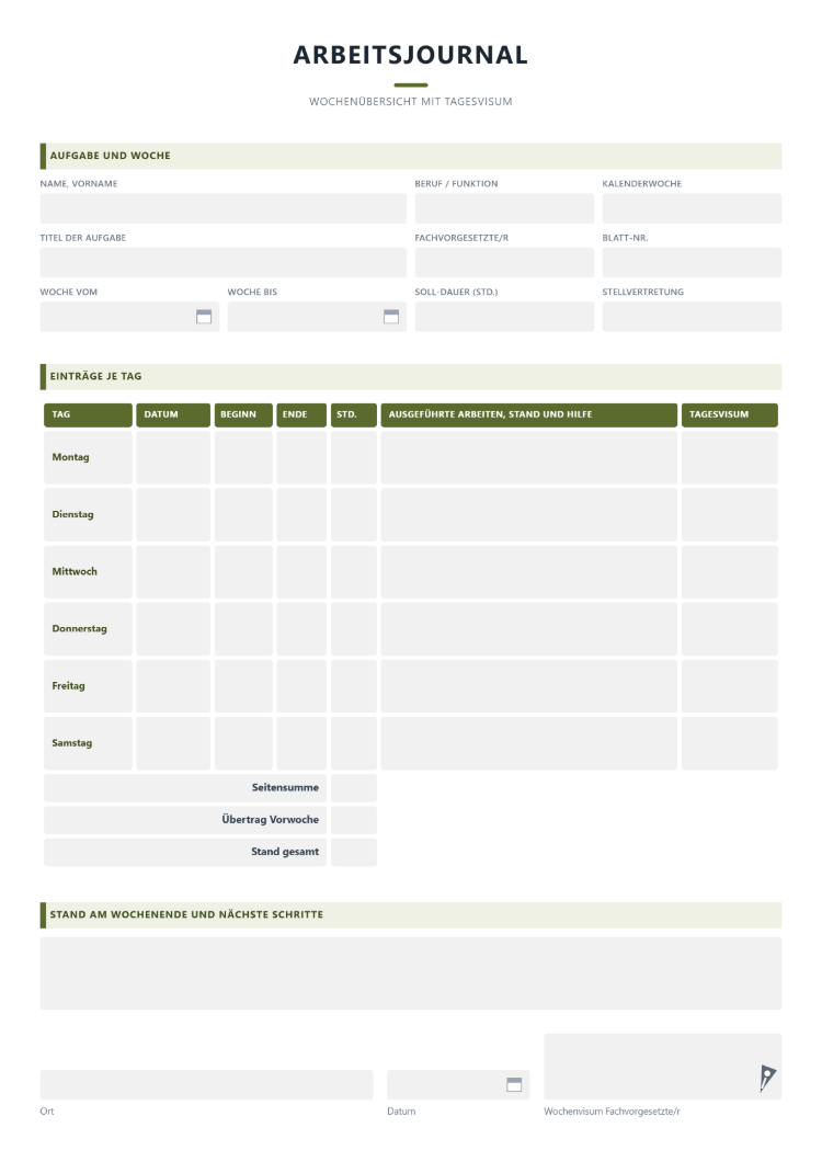 Arbeitsjournal als Wochenübersicht mit einer Zeile je Tag von Montag bis Samstag, Beginn, Ende und Stunden, Tagesvisum in jeder Zeile, Seitensumme, Übertrag aus der Vorwoche und Wochenvisum