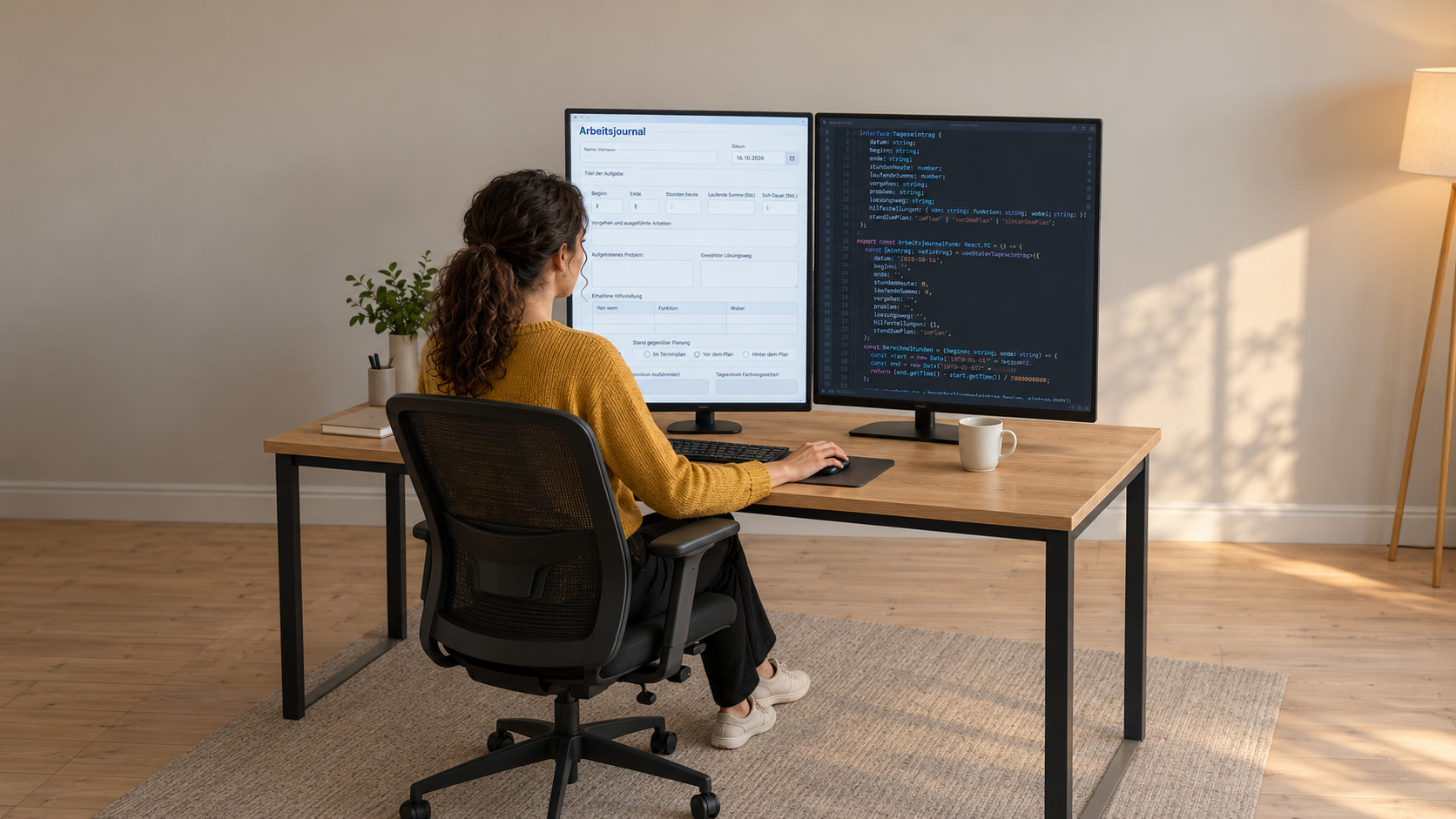 Softwareentwicklerin programmiert das Arbeitsjournal, links das Tagesblatt mit Beginn, Ende, laufender Summe, Lösungsweg und Hilfestellung, rechts der TypeScript-Code