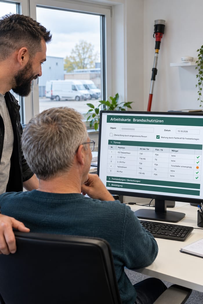 Servicetechniker und Serviceleiter einer Wartungsfirma sehen sich im Büro die digitale Arbeitskarte für Brandschutztüren mit Türliste am Monitor an