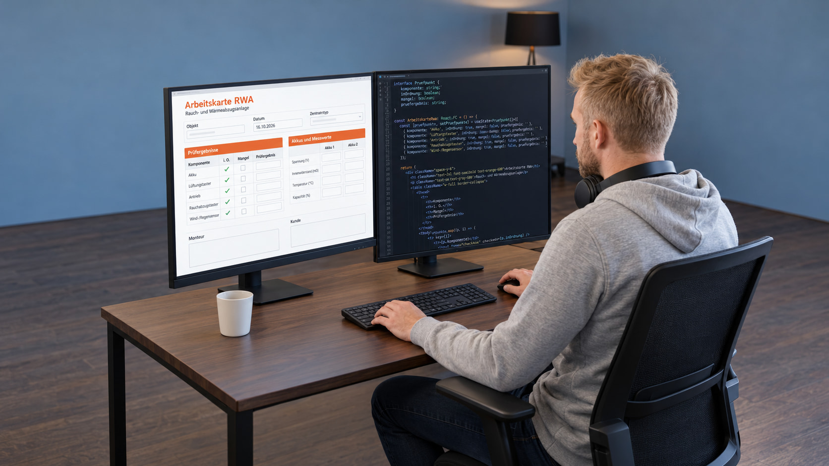 Entwickler programmiert die Arbeitskarte RWA, links das Formular mit den Prüfergebnissen, rechts der Code