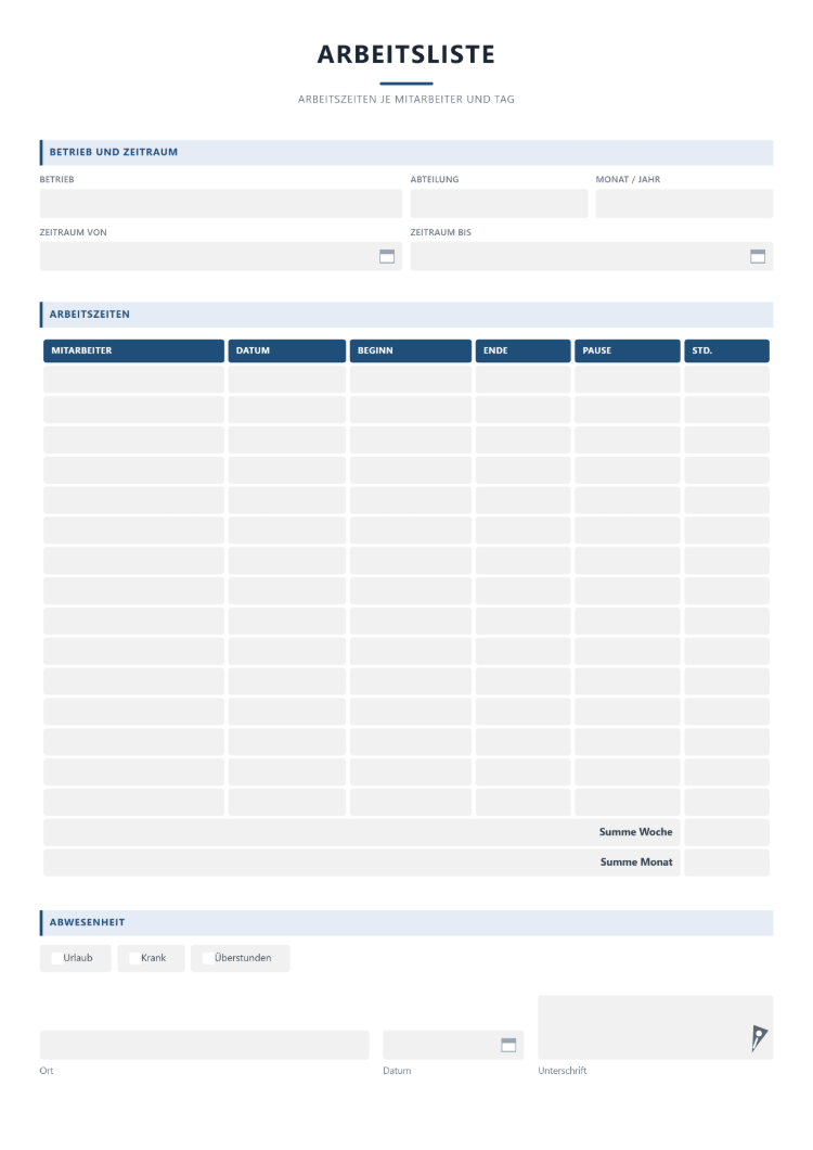Arbeitsliste Vorlage