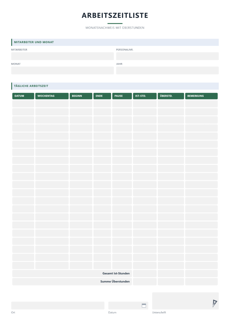Arbeitszeitliste