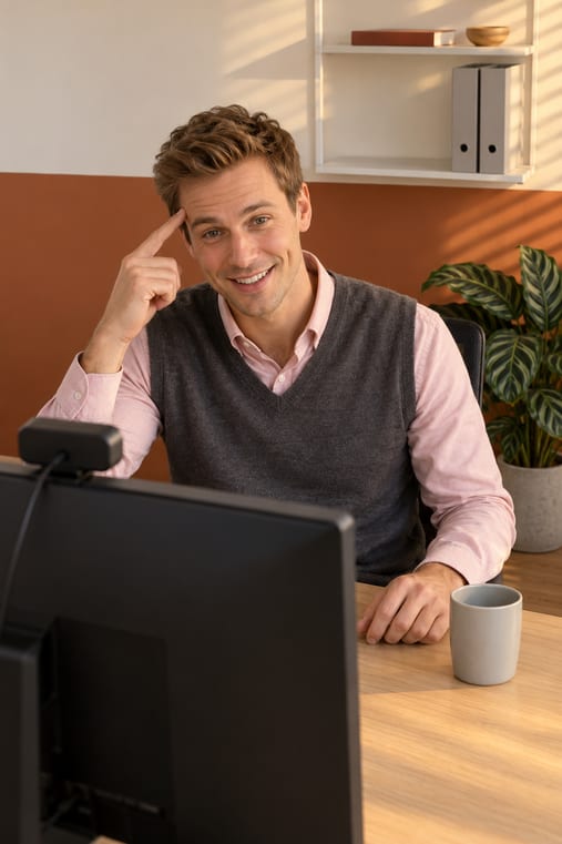 Formilo-Berater mit hellbrauner Tolle, rosa Oxfordhemd und grauem Pullunder tippt sich im Online-Meeting vor seinem Monitor mit Webcam schmunzelnd an die Schläfe und erklärt, wie das individuelle Arbeitsnachweis-Formular entsteht