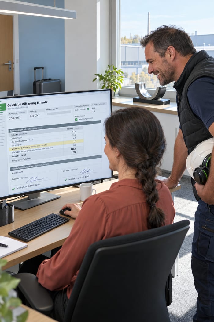 Sachbearbeiterin der Projektabrechnung mit geflochtenem Zopf und terrakottafarbener Bluse prüft am Monitor die Gesamtbestätigung Einsatz mit Summen je Zeitart, Wartezeit Betreiber und den Bestätigungen von Betreiber und Monteur, neben ihr lacht ein Servicemonteur in Steppweste mit Helm und Kapselgehörschutz unterm Arm, auf der Fensterbank eine Lagerschale, draußen das Werksgelände