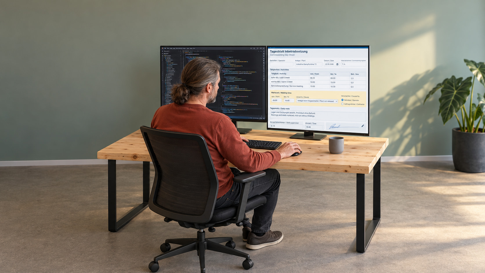 Softwareentwickler mit grau meliertem Pferdeschwanz und ziegelrotem Sweatshirt programmiert am Holztisch das Arbeitsnachweis-Formular, rechts das Tagesblatt Inbetriebsetzung mit kalter und warmer IBS, Servicebesprechung, Wartezeit wegen nicht freigeschalteter Anlage mit Verursacher Betreiber, zweisprachiger Tagesnotiz und Kürzel des Schichtleiters, links der Programmcode