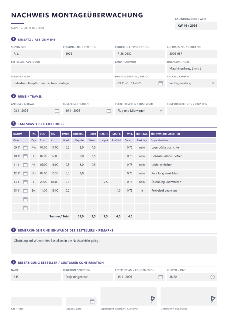 Arbeitsnachweis-Formular als Nachweis Montageüberwachung, Supervision Record, für Kalenderwoche 46/2026 mit Supervisor, Besteller, Einsatzort Maschinenhaus, Anlage und Anlass, Reise mit An- und Rückreise, Verkehrsmittel und Feld für die Reisevorbereitung, Tagesraster mit Normal-, Über-, Nacht- sowie Sonn- und Feiertagsstunden, Wegzeit, Ruhetag und überwachten Arbeiten samt Summen, Bemerkungen und Einwänden des Bestellers sowie Bestätigung und Unterschrift von Besteller und Supervisor