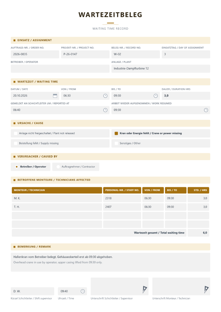 Arbeitsnachweis-Formular als Wartezeitbeleg, Waiting Time Record, mit Auftrags-, Projekt- und Belegnummer, Einsatztag, Betreiber und Anlage, Datum, von, bis und Dauer der Wartezeit, Meldung an den Schichtleiter und Wiederaufnahme der Arbeit, Ursache zum Ankreuzen von Anlage nicht freigeschaltet über Kran oder Energie fehlt bis Beistellung fehlt, Verursacher Betreiber oder Auftragnehmer, betroffenen Monteuren mit Stunden und Summe, zweisprachiger Bemerkung sowie Kürzel, Uhrzeit und Unterschriften von Schichtleiter und Monteur