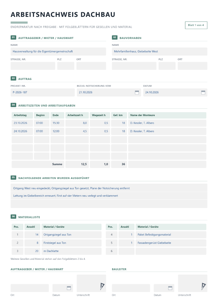 Arbeitsnachweis Dachbau für die Endreparatur nach Freigabe, Blatt 1 von 4, mit Auftraggeber, Bauvorhaben, Bezug auf die Notsicherung, Arbeitstagen mit Arbeits- und Wegezeit sowie gefahrenen Kilometern, ausgeführten Arbeiten, Materialliste und Unterschriften von Auftraggeber und Bauleiter