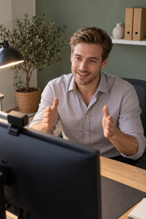 Formilo-Berater im karierten Hemd erklärt im Online-Meeting vor seinem Monitor mit Webcam, wie der individuelle Arbeitsnachweis für Handwerker entsteht