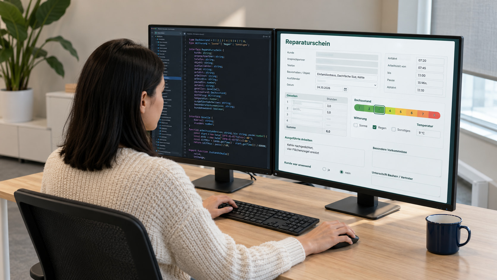 Softwareentwicklerin programmiert den Arbeitsnachweis für Handwerker, rechts der Reparaturschein mit Gesellenstunden, farbiger Skala für den Dachzustand und Witterung, links der TypeScript-Code