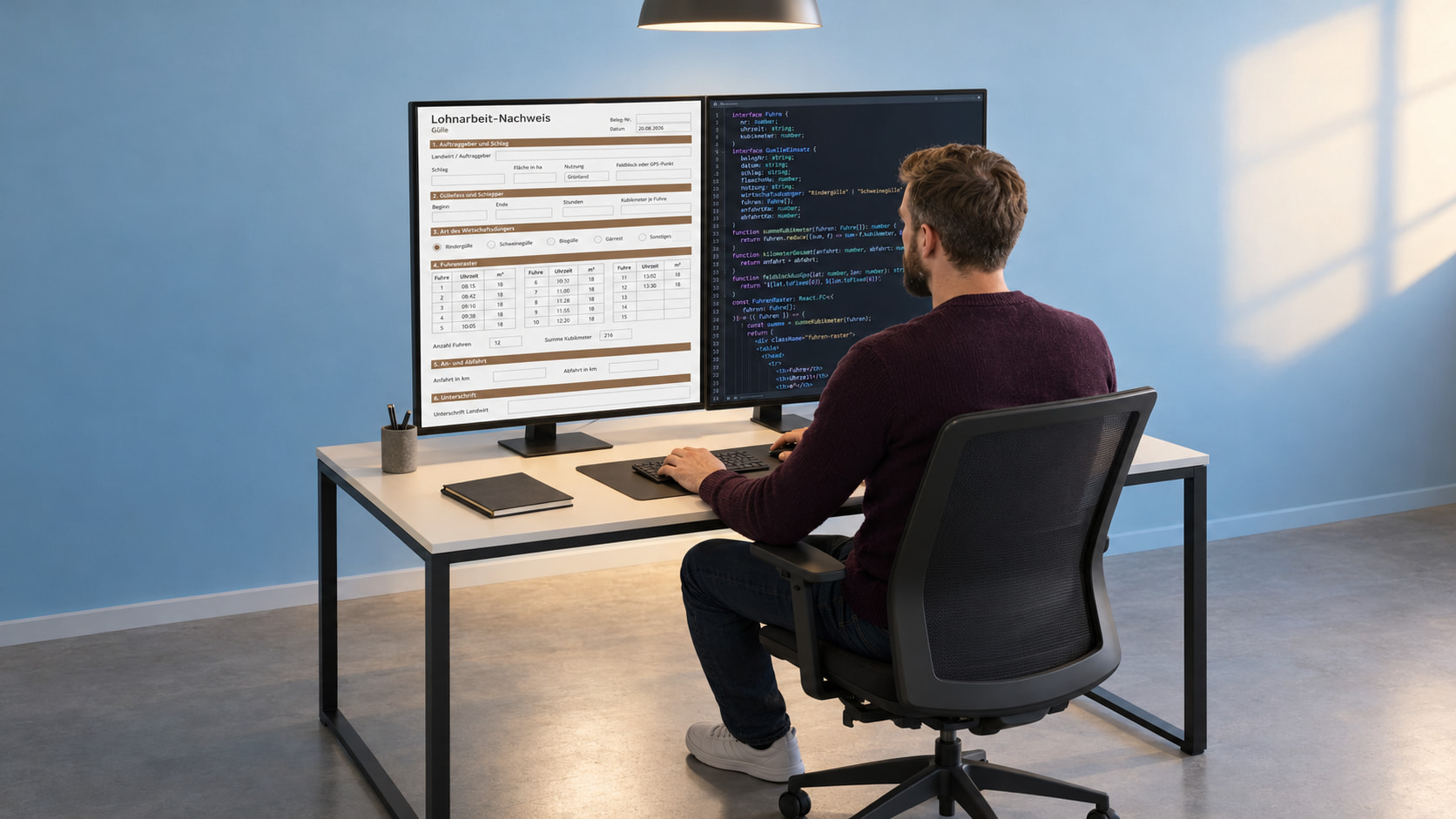 Entwickler im auberginefarbenen Pullover programmiert am hellen Schreibtisch den Lohnarbeit-Nachweis, links der Güllebeleg mit Auftraggeber und Schlag, Art des Wirtschaftsdüngers und Fuhrenraster, rechts der TypeScript-Code