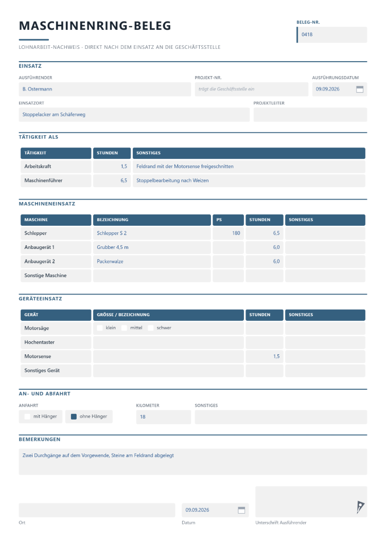 Maschinenring-Beleg als Lohnarbeit-Nachweis an die Geschäftsstelle mit Beleg-Nr., Ausführendem, Projekt-Nr., Ausführungsdatum und Einsatzort, Stunden als Arbeitskraft und als Maschinenführer, Maschineneinsatz mit Schlepper, PS, zwei Anbaugeräten und Stunden, Geräteeinsatz für Motorsäge, Hochentaster und Motorsense, An- und Abfahrt mit oder ohne Hänger in Kilometern sowie Unterschrift des Ausführenden