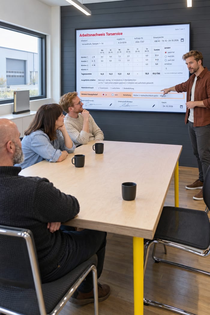 Beratung im Besprechungsraum mit dunkler Paneelwand: Ein Berater im rostbraunen Hemd zeigt drei Zuhörern am Wandbildschirm den Arbeitsnachweis Torservice mit Stunden je Monteur von Montag bis Samstag und Anfahrt pauschal und deutet auf die Zeile Weiterer Klärungsbedarf mit der Bemerkung zum porösen Hydraulikschlauch an Brücke 3, am Fenster das Schnittmuster eines Torpaneels