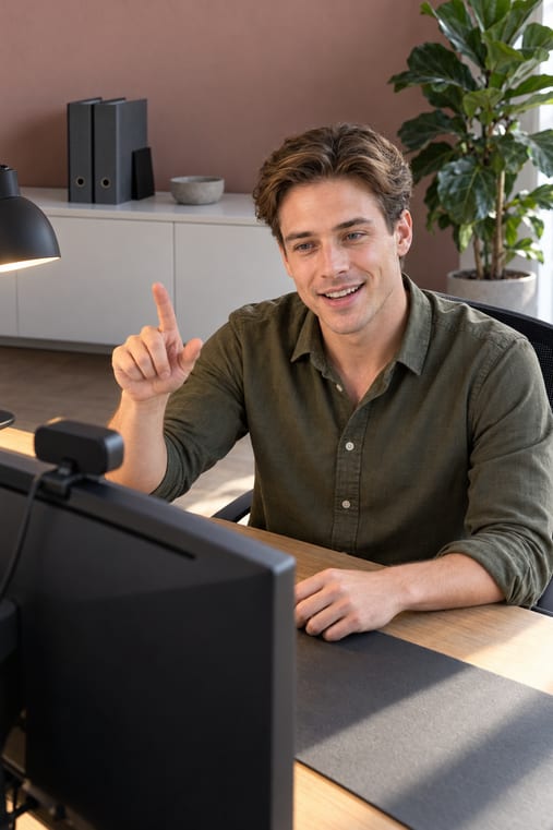 Formilo-Berater mit braunem Haar im olivgrünen Hemd hebt im Online-Meeting vor seinem Monitor mit Webcam lächelnd den Zeigefinger und erklärt vor einer altrosa Wand, wie das individuelle Arbeitsnachweis-Muster entsteht