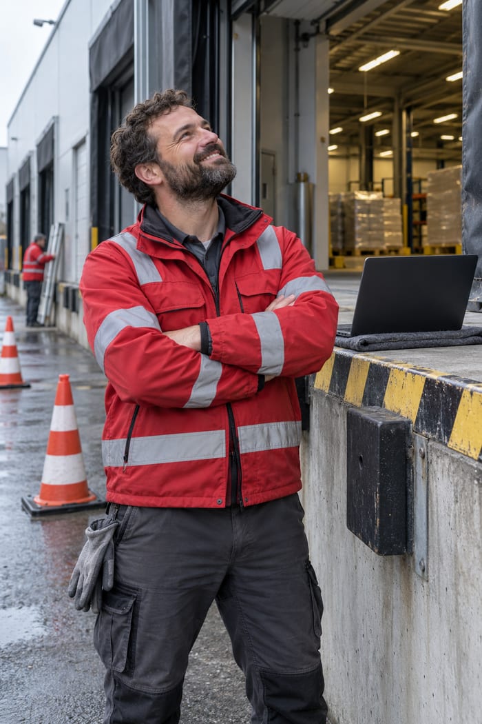 Torservice-Monteur mit dunklen Locken und Bart in roter Arbeitsjacke mit Reflexstreifen steht mit verschränkten Armen an der Laderampe und blickt lächelnd zum geöffneten Tor hinauf, auf der Rampenkante sein Laptop, hinter ihm Leitkegel auf dem regennassen Hof und ein Kollege mit Leiter an der Torreihe der Versandhalle