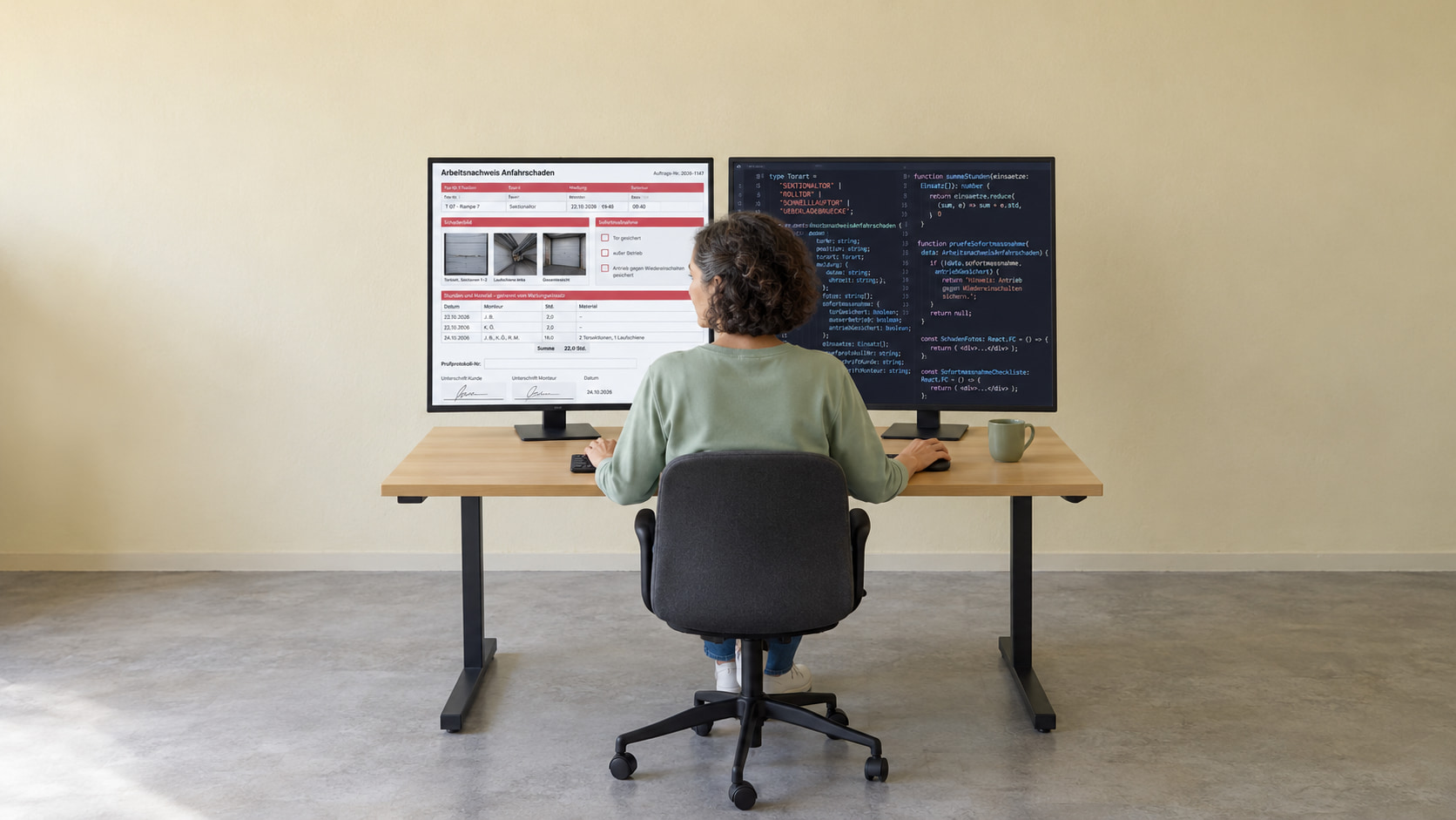 Softwareentwicklerin mit grau melierten Locken im mintgrünen Sweatshirt programmiert am hellen Holzschreibtisch vor einer vanillegelben Wand das Arbeitsnachweis-Muster, links der Arbeitsnachweis Anfahrschaden mit Tor 7, drei Schadenfotos, Sofortmaßnahme und Stundentabelle, rechts der Programmcode