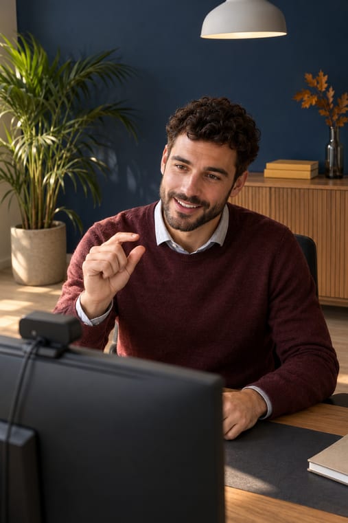 Formilo-Berater mit dunklen Locken, Bart und weinrotem Pullover über hellgrauem Hemd erklärt im Online-Meeting vor seinem Monitor mit Webcam mit einer kleinen Handgeste, wie der individuelle Arbeitsnachweis-Vordruck entsteht