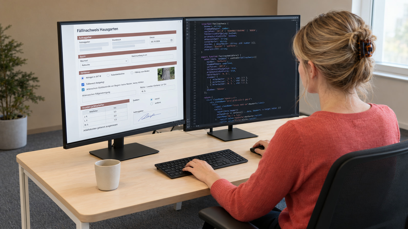 Softwareentwicklerin mit hochgestecktem blondem Haar und korallenrotem Pullover programmiert den Arbeitsnachweis-Vordruck, links der Fällnachweis Hausgarten mit Baumart Rotbuche, Verfahren Abtragen in SKT-B, festgelegtem Fallbereich, Artenschutz-Sichtkontrolle, Retter vor Ort und Stunden je Mitarbeiter, rechts der TypeScript-Code