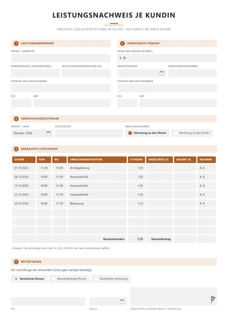 Arbeitsnachweis-Vorlage der Alltagshilfe als Leistungsnachweis je Kundin für einen Monat mit Leistungserbringer samt Anerkennung und Institutionskennzeichen, versicherter Person als Kürzel, Abrechnungszeitraum, Pflegekasse und Abrechnungsweg, erbrachten Leistungen mit Datum, Von, Bis, Abrechnungsposition, Stunden, leeren Preisfeldern und Helferin, Gesamtstunden, Hinweis zur Umsatzsteuerbefreiung und Bestätigung durch versicherte Person oder Vertretung