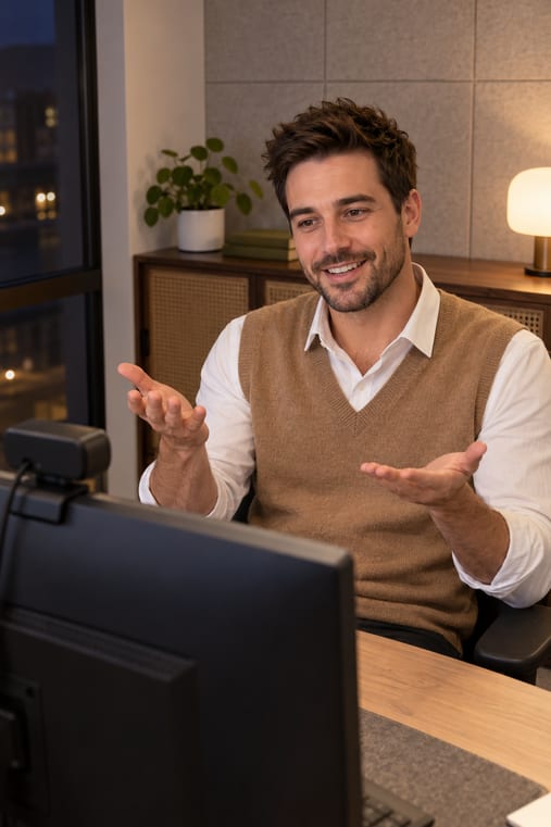 Formilo-Berater mit Bart, weißem Hemd und camelfarbener Strickweste erklärt am Abend im Online-Meeting mit offenen Händen vor seinem Monitor mit Webcam, wie die individuelle Arbeitsnachweis-Vorlage entsteht