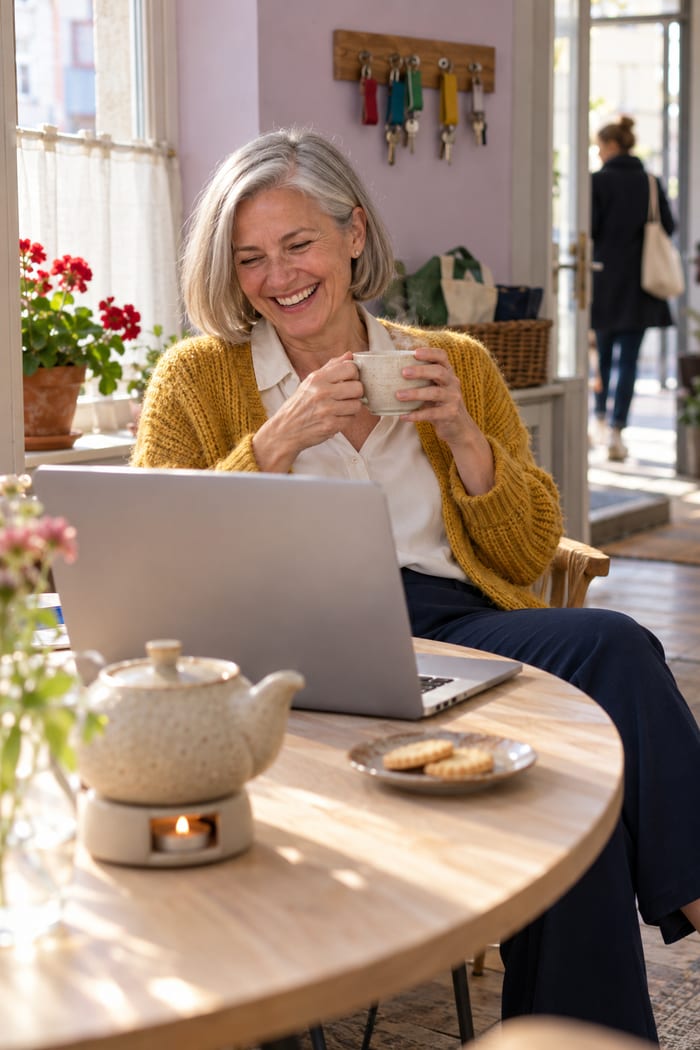 Einsatzleiterin eines Alltagshilfe-Dienstes mit silbergrauem Bob und senfgelber Strickjacke hält am runden Holztisch eine Teetasse mit beiden Händen und lacht zum Laptop, daneben eine Teekanne auf dem Stövchen, am Fenster rote Geranien und an der Fliederwand ein Schlüsselbrett mit Schlüsseln