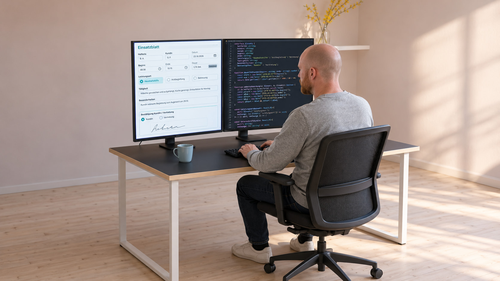 Softwareentwickler mit Glatze und rotblondem Vollbart programmiert die Arbeitsnachweis-Vorlage, links das Einsatzblatt mit Helferin, Kundin, Datum, Beginn, Ende, berechneter Dauer, Leistungsart Haushaltshilfe und Bestätigung durch die Kundin, rechts der TypeScript-Code