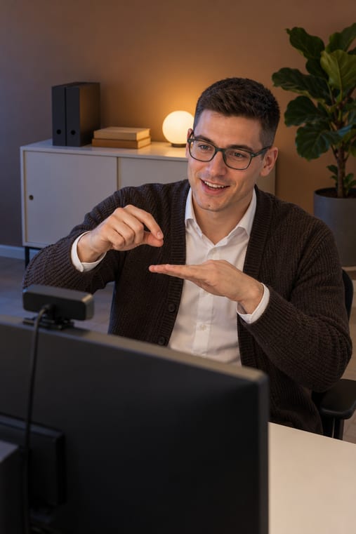 Formilo-Berater mit dunklem Kurzhaarschnitt, Brille mit dunklem Rahmen, weißem Hemd und brauner Strickjacke erklärt im Online-Meeting vor seinem Monitor mit Webcam mit beiden Händen, wie der individuelle Arbeitsplan für die Werkstatt entsteht, hinter ihm eine zimtbraune Wand, ein Sideboard mit Ordnern und eine leuchtende Kugelleuchte