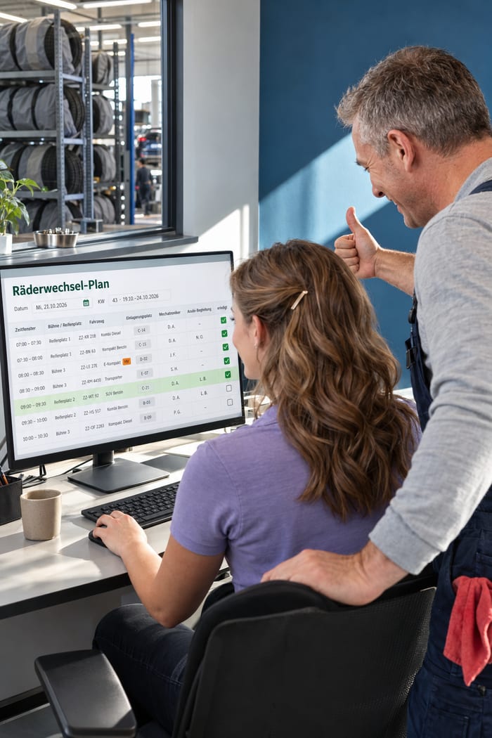 Serviceberaterin mit langen hellbraunen Wellen und lavendelfarbenem Polo arbeitet am Monitor mit dem Räderwechsel-Plan für Mittwoch, 21.10.2026 in KW 43 mit Zeitfenstern, Bühne oder Reifenplatz, Fahrzeug, Einlagerungsplatz, Mechatroniker, Azubi-Begleitung und Haken für erledigt, hinter ihr hebt ein Mechatroniker in dunkelblauer Latzhose lachend den Daumen; vor einer tiefblauen Wand, durch das Innenfenster Regale mit eingelagerten Rädern in grauen Reifentaschen und die Werkstatthalle