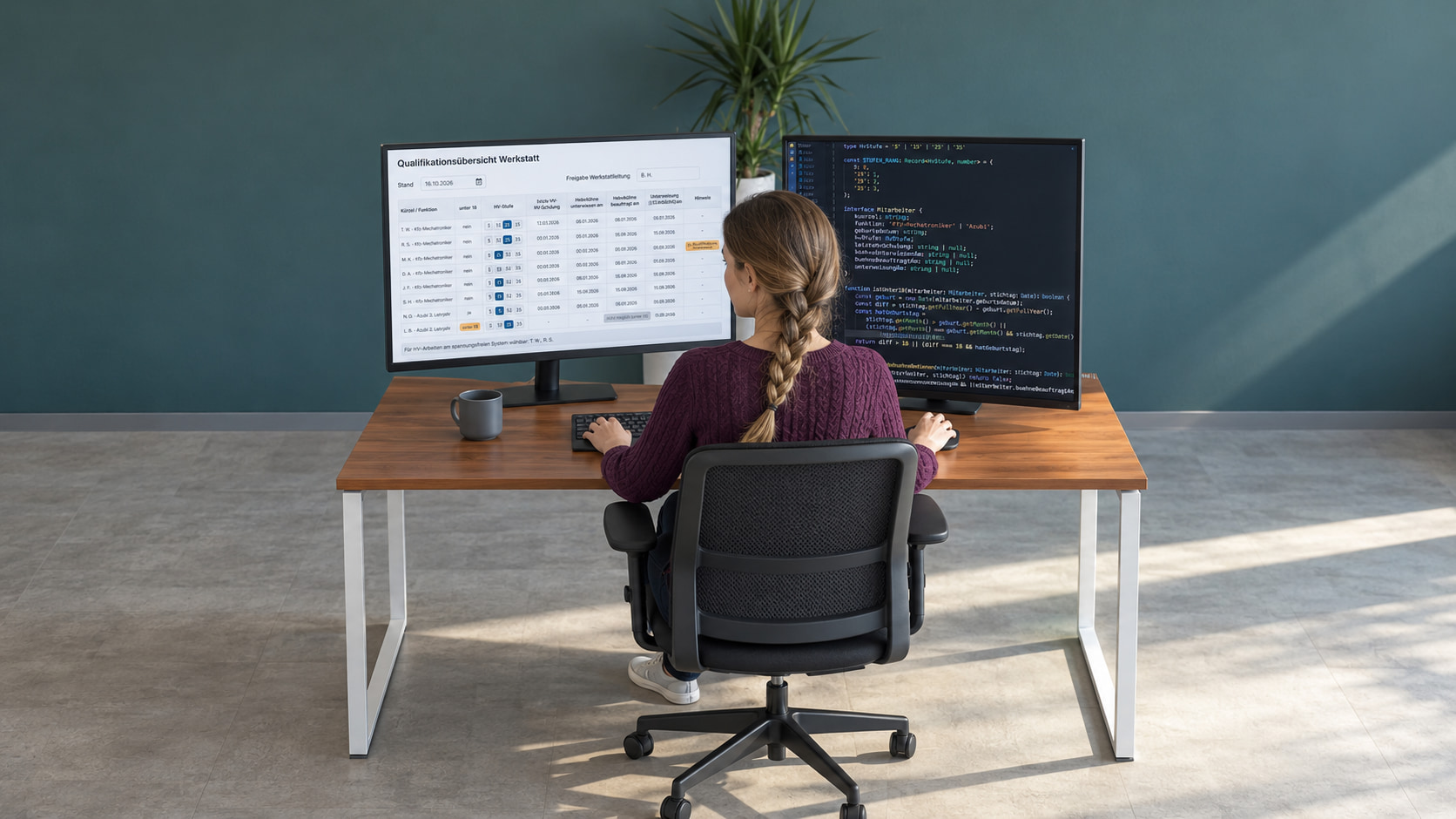 Softwareentwicklerin mit langem geflochtenem dunkelblondem Zopf und pflaumenfarbenem Zopfmusterpullover programmiert an einem Holzschreibtisch vor einer petrolgrünen Wand den Arbeitsplan der Werkstatt, links die Qualifikationsübersicht Werkstatt mit Stand 16.10.2026, den HV-Stufen S, 1S, 2S und 3S je Person, Hebebühne unterwiesen und beauftragt und dem Hinweis, wer für HV-Arbeiten am spannungsfreien System wählbar ist, rechts der TypeScript-Code mit HV-Stufen und Altersprüfung