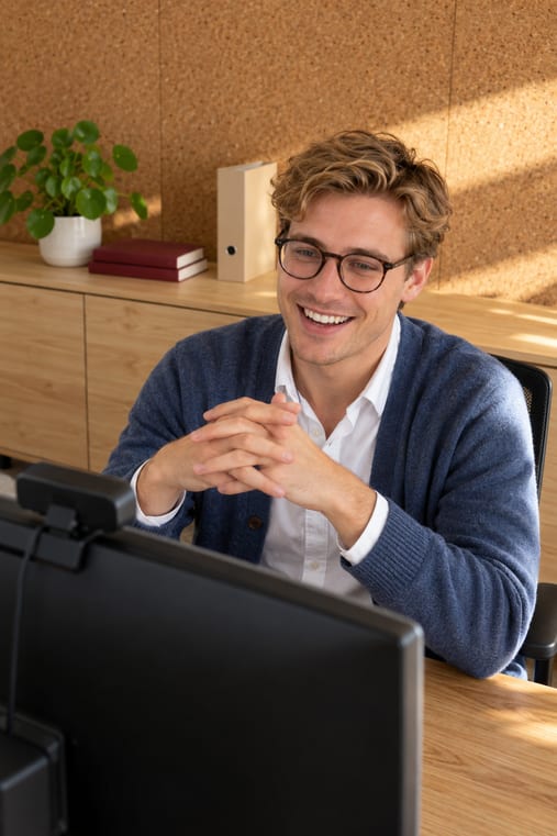 Formilo-Berater mit welligem blondem Haar, runder Hornbrille, weißem Hemd und blauem Cardigan lacht vor einer Korkwand im Online-Meeting und erklärt mit ineinandergelegten Händen vor seinem Monitor mit Webcam, wie der individuelle Arbeitsplan fürs Lager entsteht