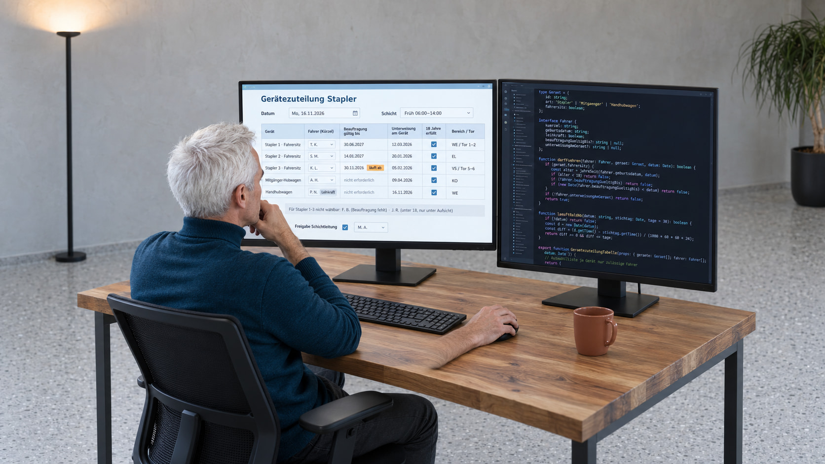 Softwareentwickler mit weißem Haar im petrolblauen Rollkragenpullover programmiert den Arbeitsplan fürs Lager, links die Gerätezuteilung Stapler mit Fahrern als Kürzel, Beauftragung gültig bis, Unterweisung am Gerät, 18 Jahre erfüllt und Bereich oder Tor, rechts der TypeScript-Code