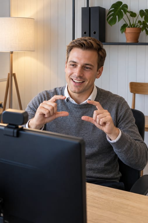Formilo-Berater im grauen Pullover über weißem Hemd erklärt im Online-Meeting vor seinem Monitor mit Webcam, wie der individuelle Monatsarbeitsplan entsteht, und deutet mit beiden Händen einen Kalendermonat an
